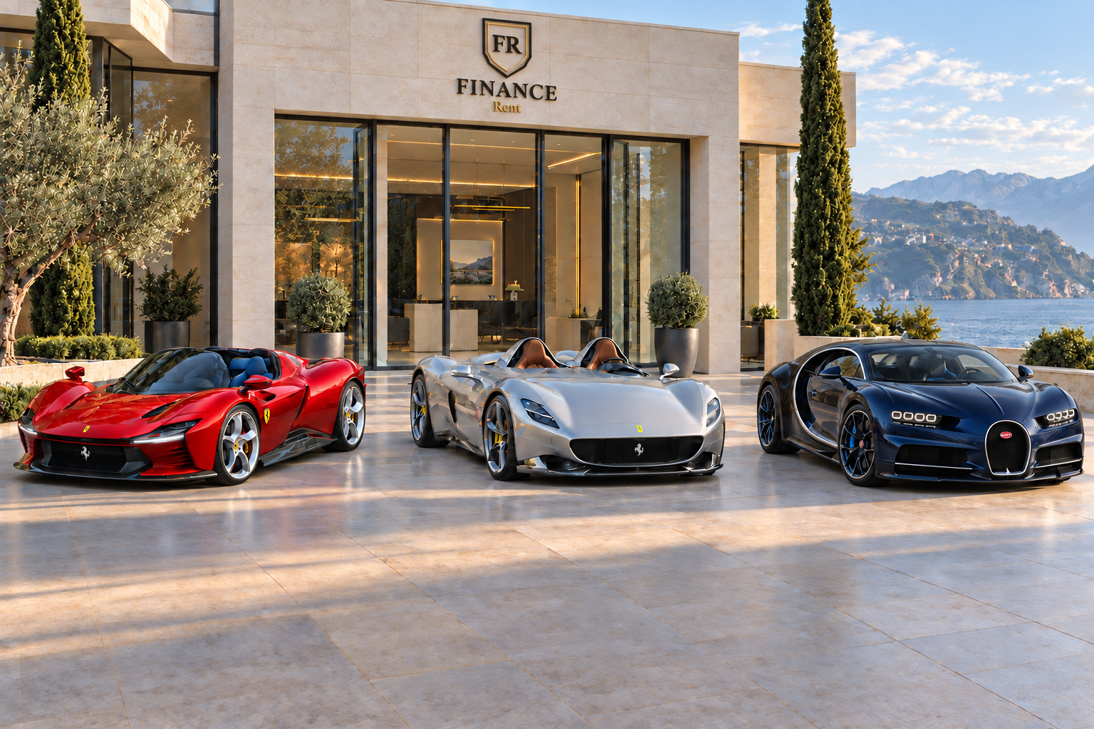 Rappresentazione illustrativa di Ferrari Daytona SP3, Ferrari Monza SP2 e Bugatti Chiron davanti a un ufficio con insegna FINANCE Rent